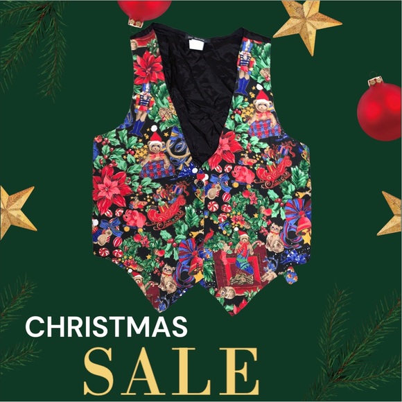 Vintage 111 Main Christmas Vest Medium Festive Holiday Print Waistcoat - Picture 1 of 14